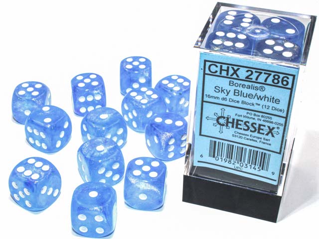 Luminary Borealis 16mm D6 Dice Block (12 Dice) - Sky Blue with White Pips