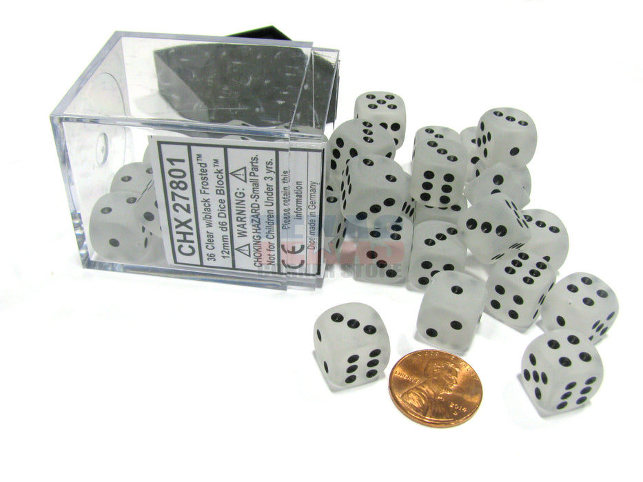 Frosted 12mm D6 Chessex Dice Block (36 Dice) - Clear with Black Pips