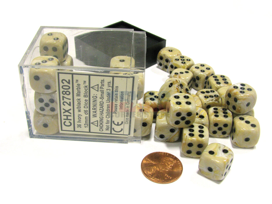 Marble 12mm D6 Chessex Dice Block (36 Dice) - Ivory with Black Pips