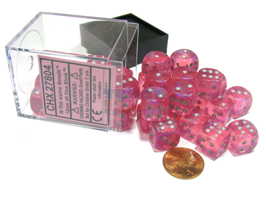 Borealis 12mm D6 Chessex Dice Block (36 Dice) - Pink with Silver Pips