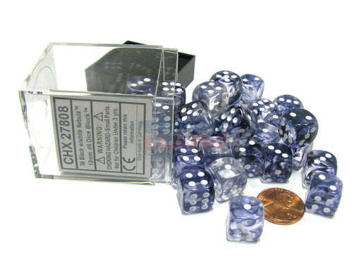 Nebula 12mm D6 Chessex Dice Block (36 Dice) - Black with White Pips