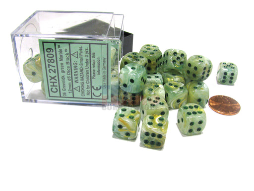 Marble 12mm D6 Chessex Dice Block (36 Dice) - Green with Dark Green Pips