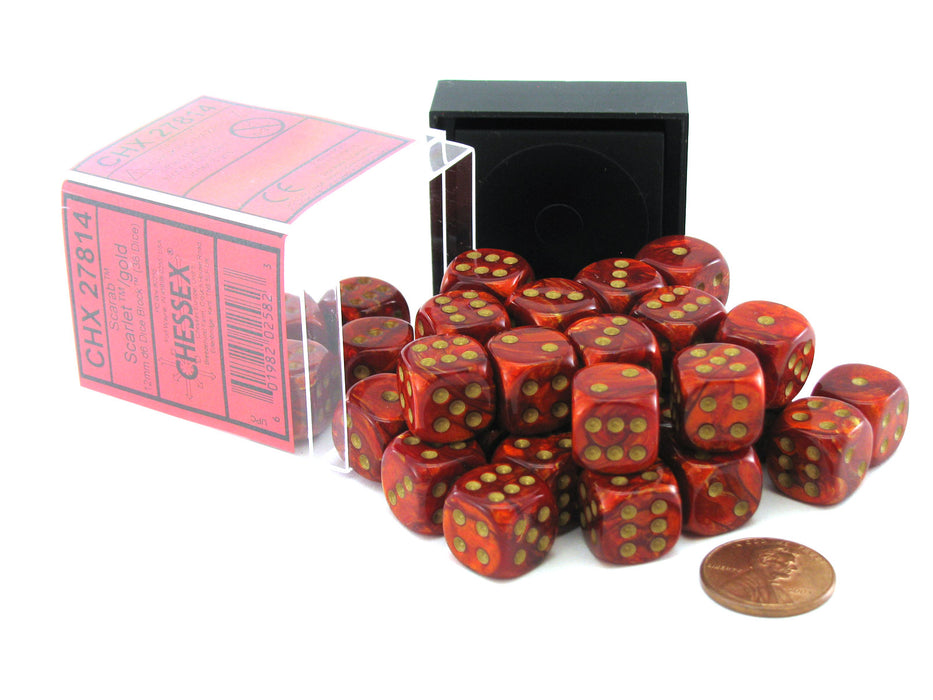 Scarab 12mm D6 Chessex Dice Block (36 Dice) - Scarlet with Gold Pips