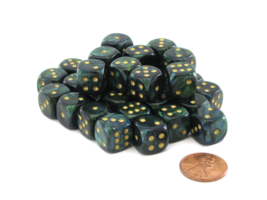 Scarab 12mm D6 Chessex Dice Block (36 Dice) - Jade with Gold Pips