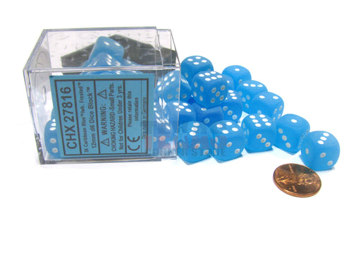 Frosted 12mm D6 Chessex Dice Block (36 Dice) - Caribbean Blue with White Pips
