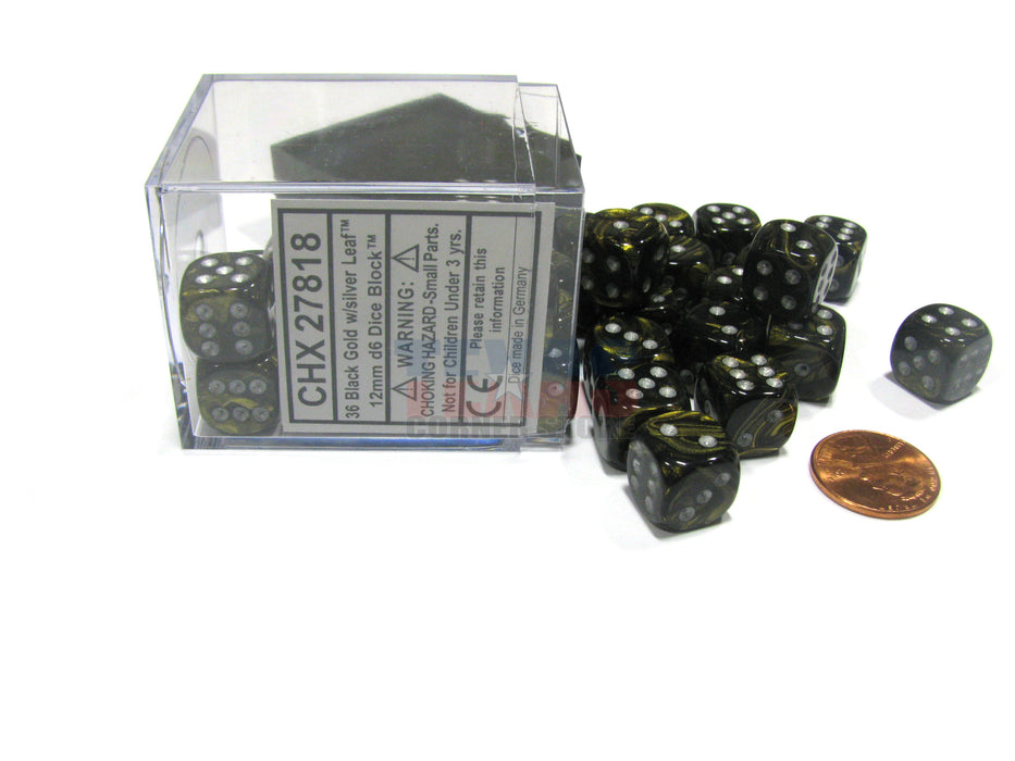 Leaf 12mm D6 Chessex Dice Block (36 Dice) - Black Gold with Silver Pips