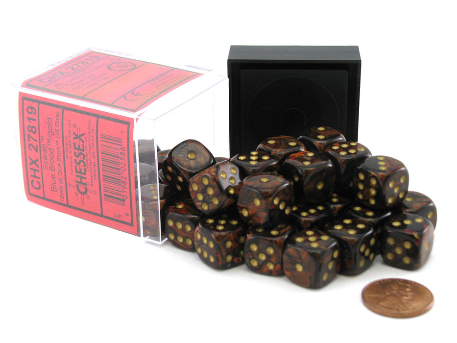 Scarab 12mm D6 Chessex Dice Block (36 Dice) - Blue Blood with Gold Pips