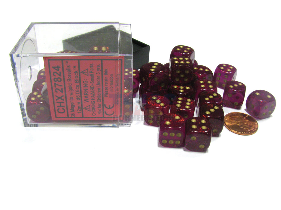 Borealis #2 12mm D6 Chessex Dice Block (36 Dice) - Magenta with Gold Pips