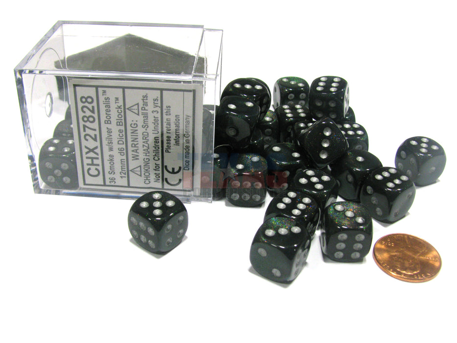 Borealis #2 12mm D6 Chessex Dice Block (36 Dice) - Smoke with Silver Pips