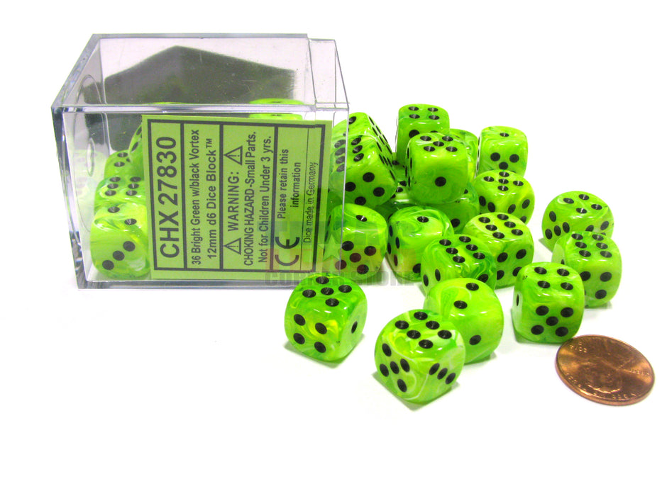 Vortex 12mm D6 Chessex Dice Block (36 Dice) - Bright Green with Black Pips
