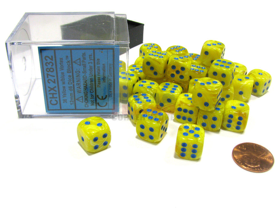 Vortex 12mm D6 Chessex Dice Block (36 Dice) - Yellow with Blue Pips