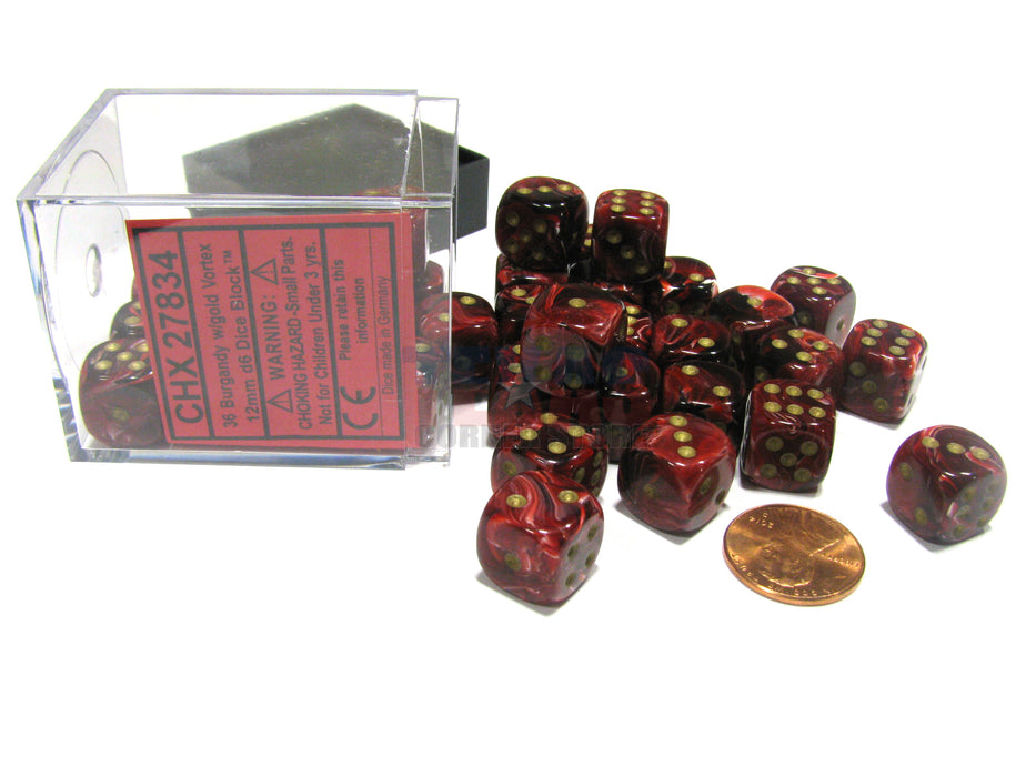 Vortex 12mm D6 Chessex Dice Block (36 Dice) - Burgundy with Gold Pips