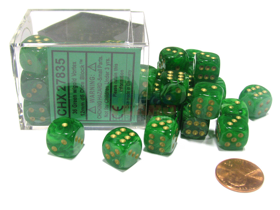 Vortex 12mm D6 Chessex Dice Block (36 Dice) - Green with Gold Pips