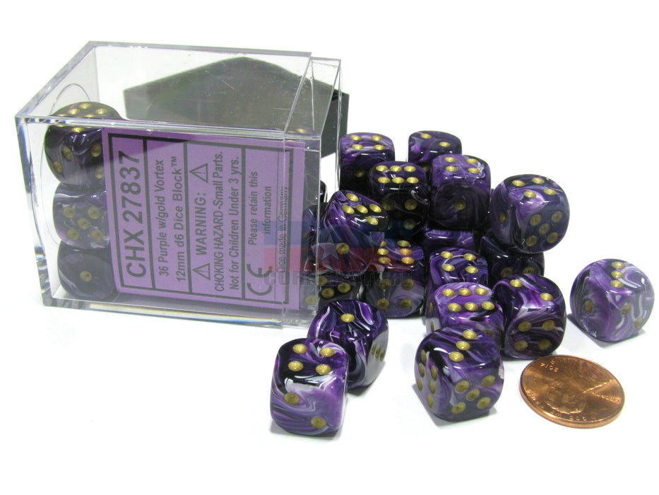 Vortex 12mm D6 Chessex Dice Block (36 Dice) - Purple with Gold Pips