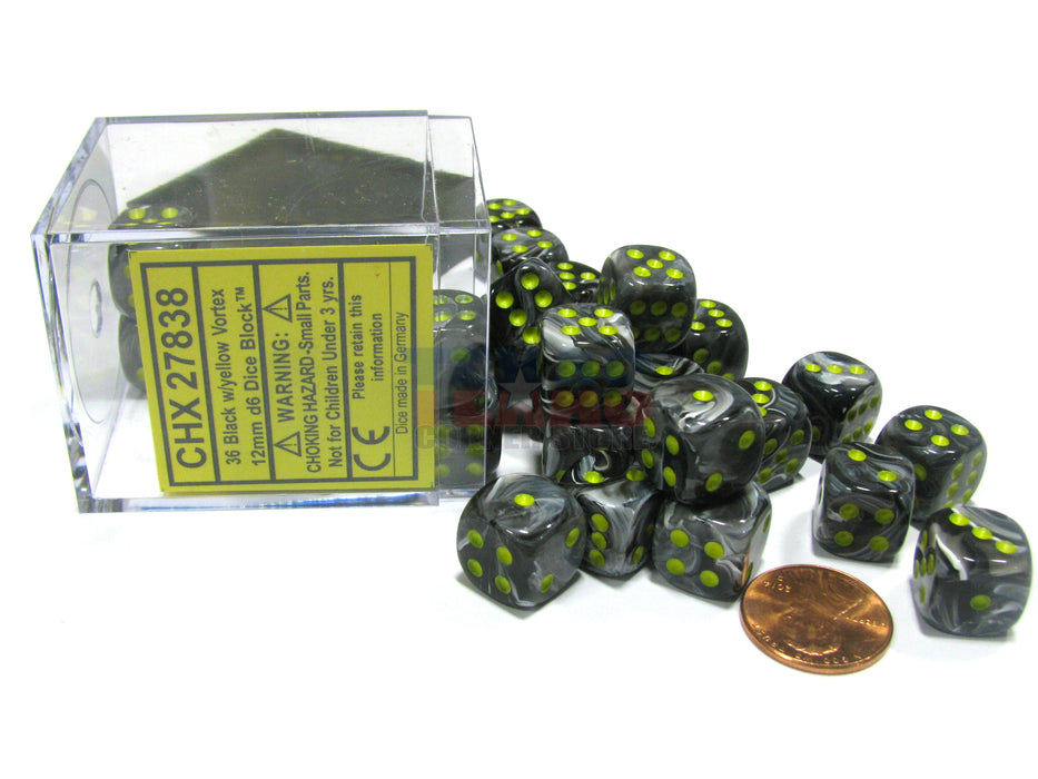 Vortex 12mm D6 Chessex Dice Block (36 Dice) - Black with Yellow Pips
