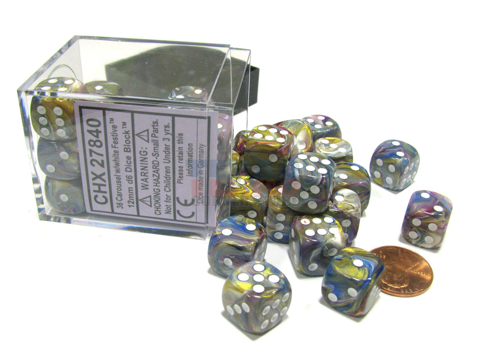 Festive 12mm D6 Chessex Dice Block (36 Dice) - Carousel with White Pips