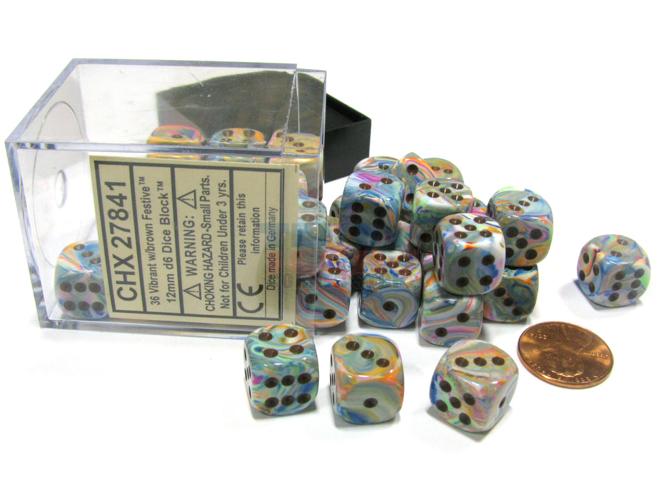 Festive 12mm D6 Chessex Dice Block (36 Dice) - Vibrant with Brown Pips