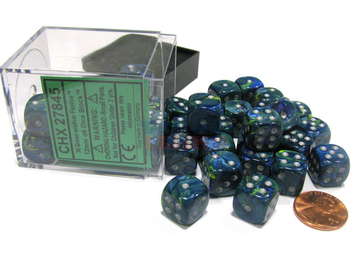 Festive 12mm D6 Chessex Dice Block (36 Dice) - Green with Silver Pips