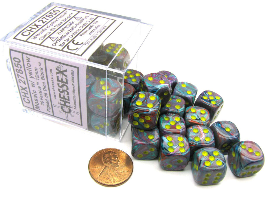 Festive 12mm D6 Chessex Dice Block (36 Dice) -Mosaic with Yellow Pips