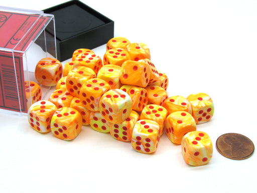 Festive 12mm D6 Chessex Dice Block (36 Dice) - Sunburst with Red Pips