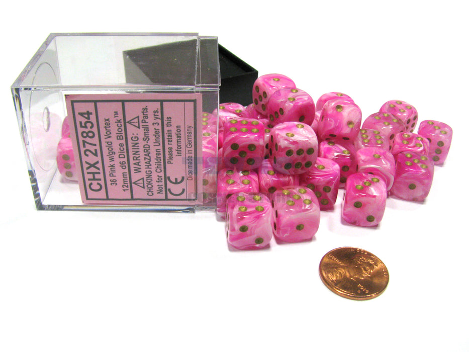 Vortex 12mm D6 Chessex Dice Block (36 Dice) - Pink with Gold Pips