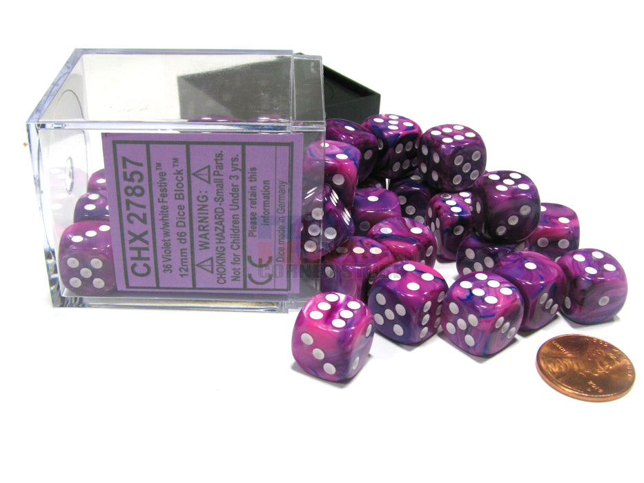 Festive 12mm D6 Chessex Dice Block (36 Dice) - Violet with White Pips