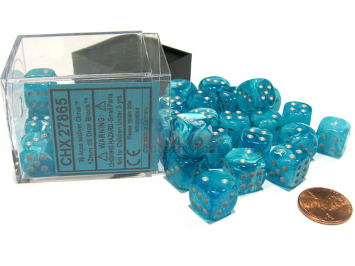Cirrus 12mm D6 Chessex Dice Block (36 Dice) - Aqua with Silver Pips