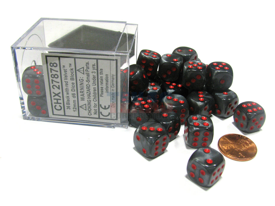 Velvet 12mm D6 Chessex Dice Block (36 Dice) - Black with Red Pips