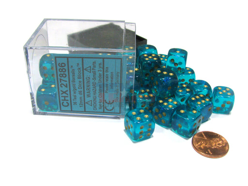 Borealis 12mm D6 Chessex Dice Block (36 Dice) - Teal with Gold Pips