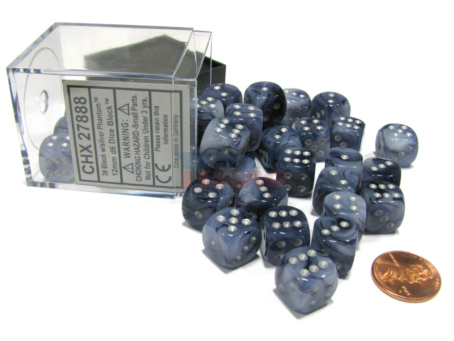 Phantom 12mm D6 Chessex Dice Block (36 Dice) - Black with Silver Pips