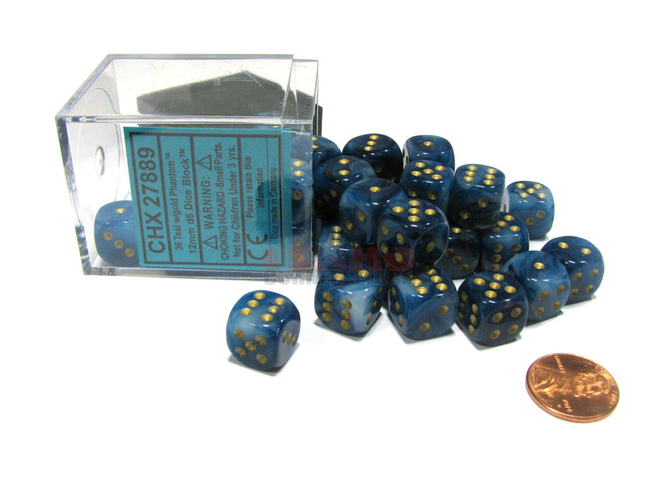 Phantom 12mm D6 Chessex Dice Block (36 Dice) - Teal with Gold Pips