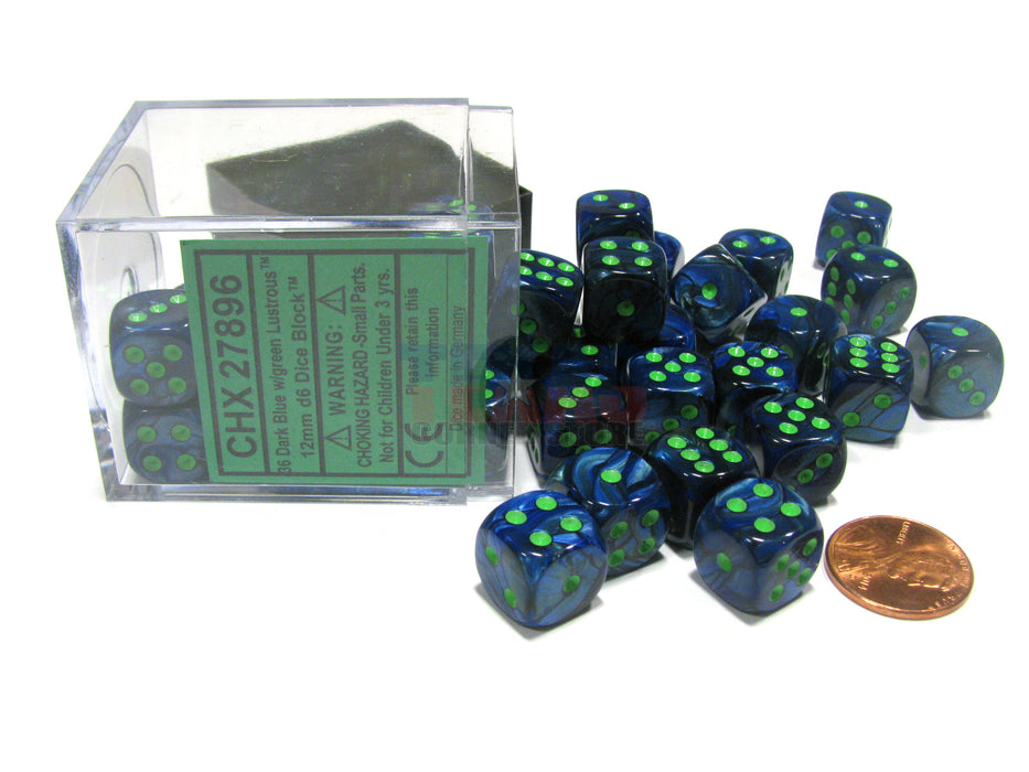 Lustrous 12mm D6 Chessex Dice Block (36 Dice) - Dark Blue with Green
