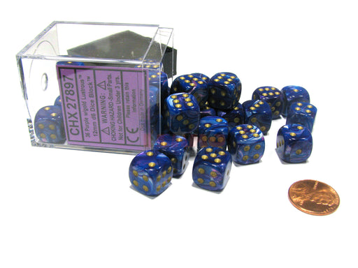 Lustrous 12mm D6 Chessex Dice Block (36 Dice) - Purple with Gold Pips