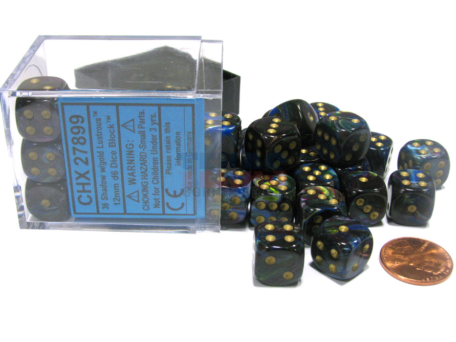 Lustrous 12mm D6 Chessex Dice Block (36 Dice) - Shadow with Gold Pips