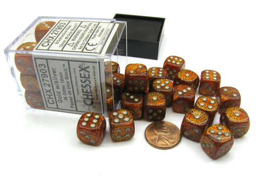 Glitter 12mm D6 Chessex Dice Block (36 Dice) - Gold with Silver Pips