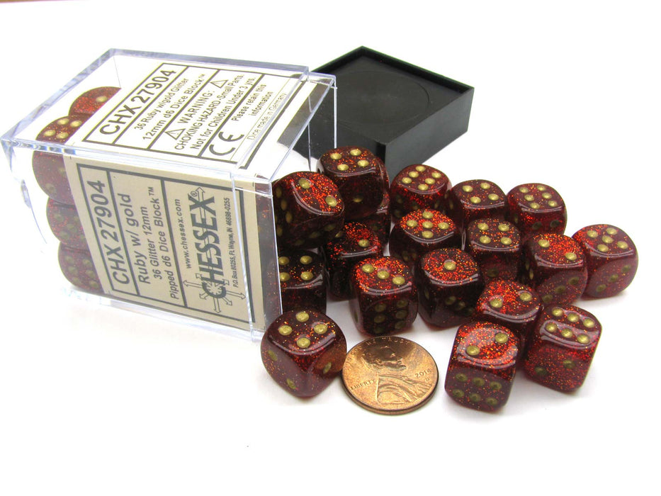Glitter 12mm D6 Chessex Dice Block (36 Dice) -Ruby Red with Gold Pips