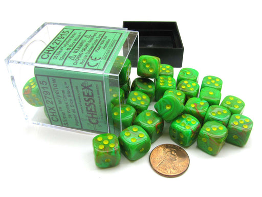 Vortex 12mm D6 Chessex Dice Block (36 Dice) - Slime with Yellow Pips