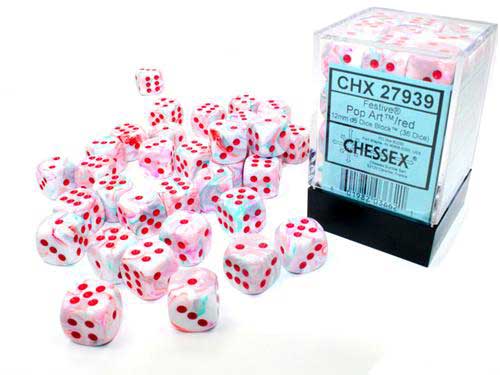 Festive 12mm D6 Chessex Dice Block (36 Dice) - Pop Art with Red Pips