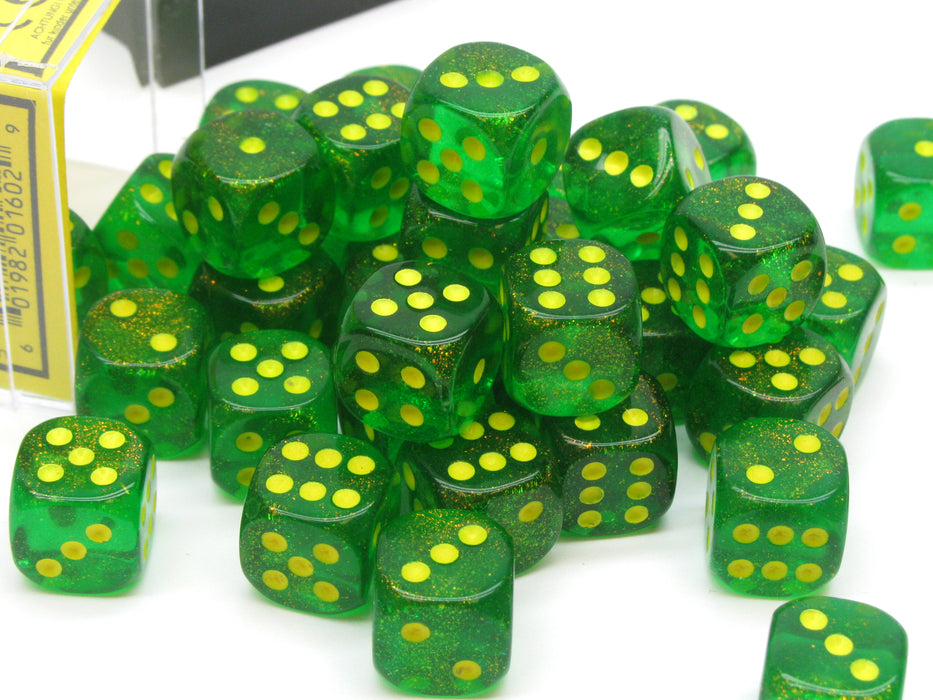 Borealis 12mm D6 Chessex Dice Block (36 Dice) - Maple Green with Yellow Pips