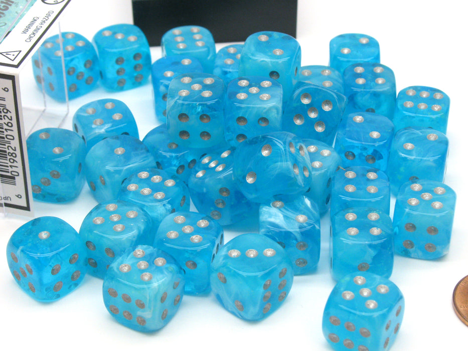 Luminary 12mm D6 Chessex Glow in the Dark Dice Block (36 Dice) - Sky with Silver