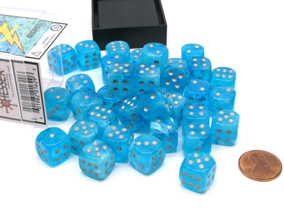 Luminary 12mm D6 Chessex Glow in the Dark Dice Block (36 Dice) - Sky with Silver