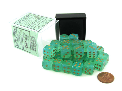 Luminary Borealis 12mm D6 Dice Block (36 Dice) - Light Green with Gold Pips