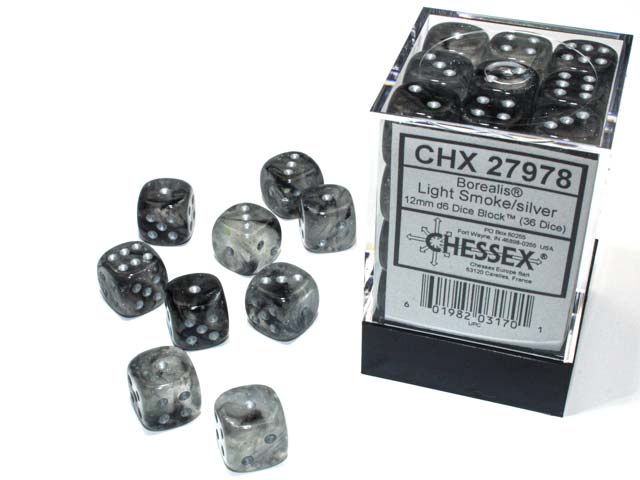 Luminary Borealis 12mm D6 Dice Block (36 Dice) - Light Smoke with Silver Pips