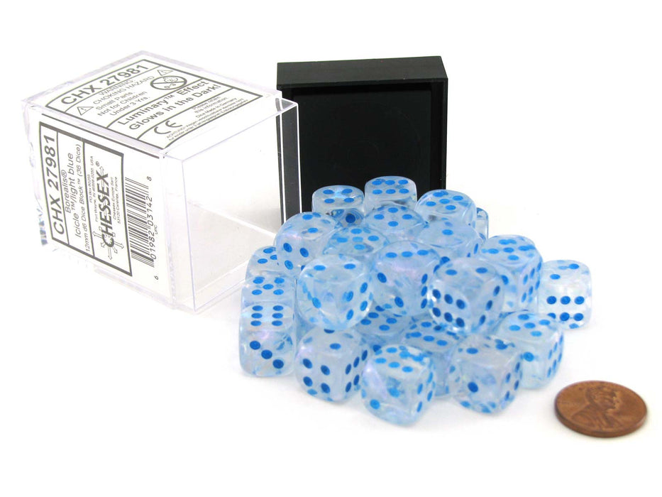 Luminary Borealis 12mm D6 Dice Block (36 Dice) - Icicle with Light Blue Pips