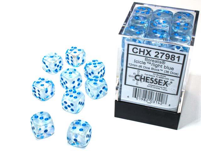 Luminary Borealis 12mm D6 Dice Block (36 Dice) - Icicle with Light Blue Pips
