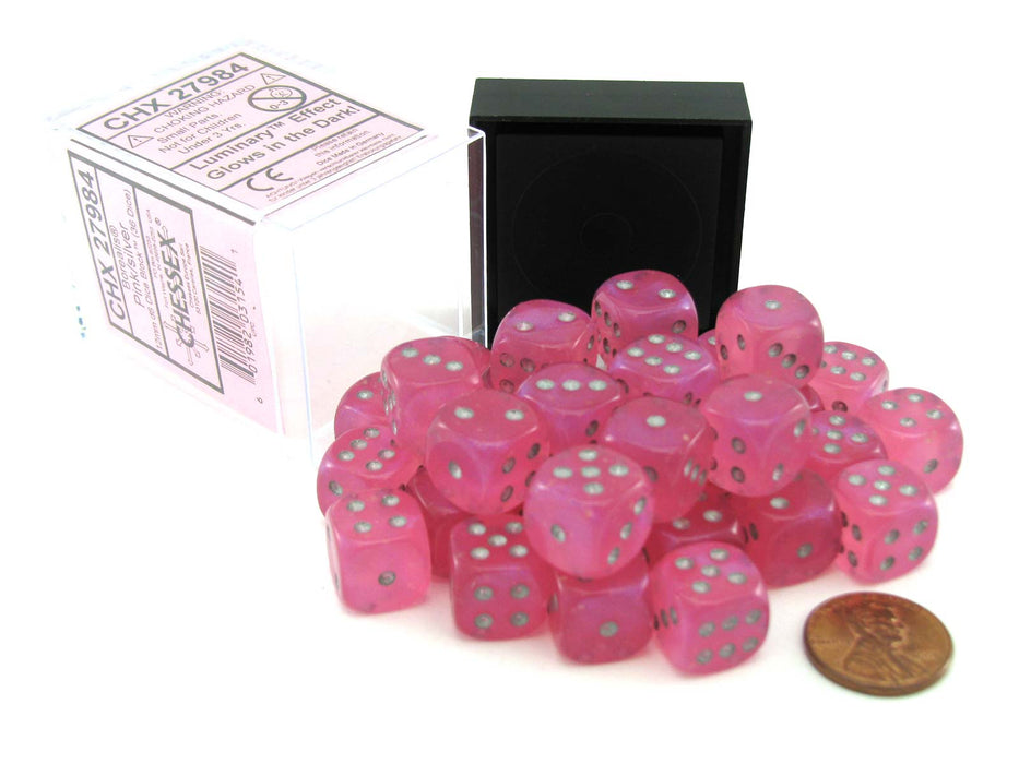 Luminary Borealis 12mm D6 Dice Block (36 Dice) - Pink with Silver Pips
