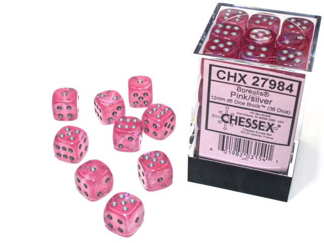 Luminary Borealis 12mm D6 Dice Block (36 Dice) - Pink with Silver Pips