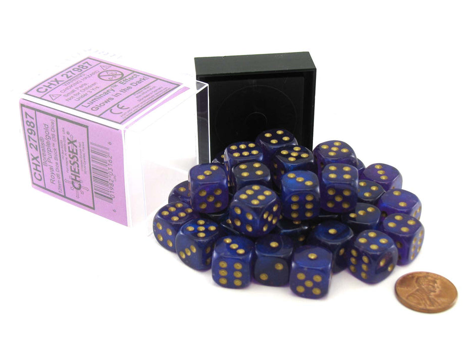 Luminary Borealis 12mm D6 Dice Block (36 Dice) - Royal Purple with Gold Pips