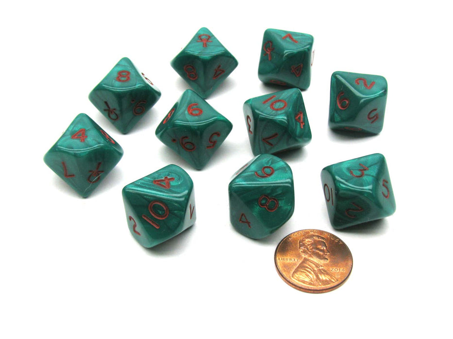 D10 Die 10 Piece Chessex Dice Set - Ankh Green with Red Pearlized Numbers
