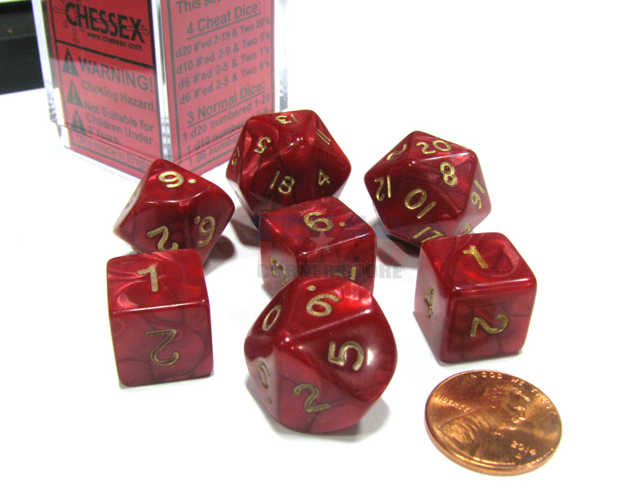 Cheater's Polyhedral 7-Dice Chessex Set - Pearlescent Red with Gold Numbers